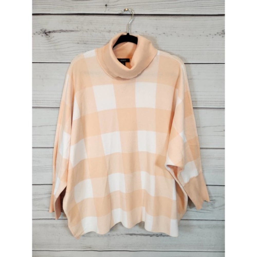 Alfani Women's Peach Orange White Long Sleeve‎ Plaid Turtleneck Sweater Medium